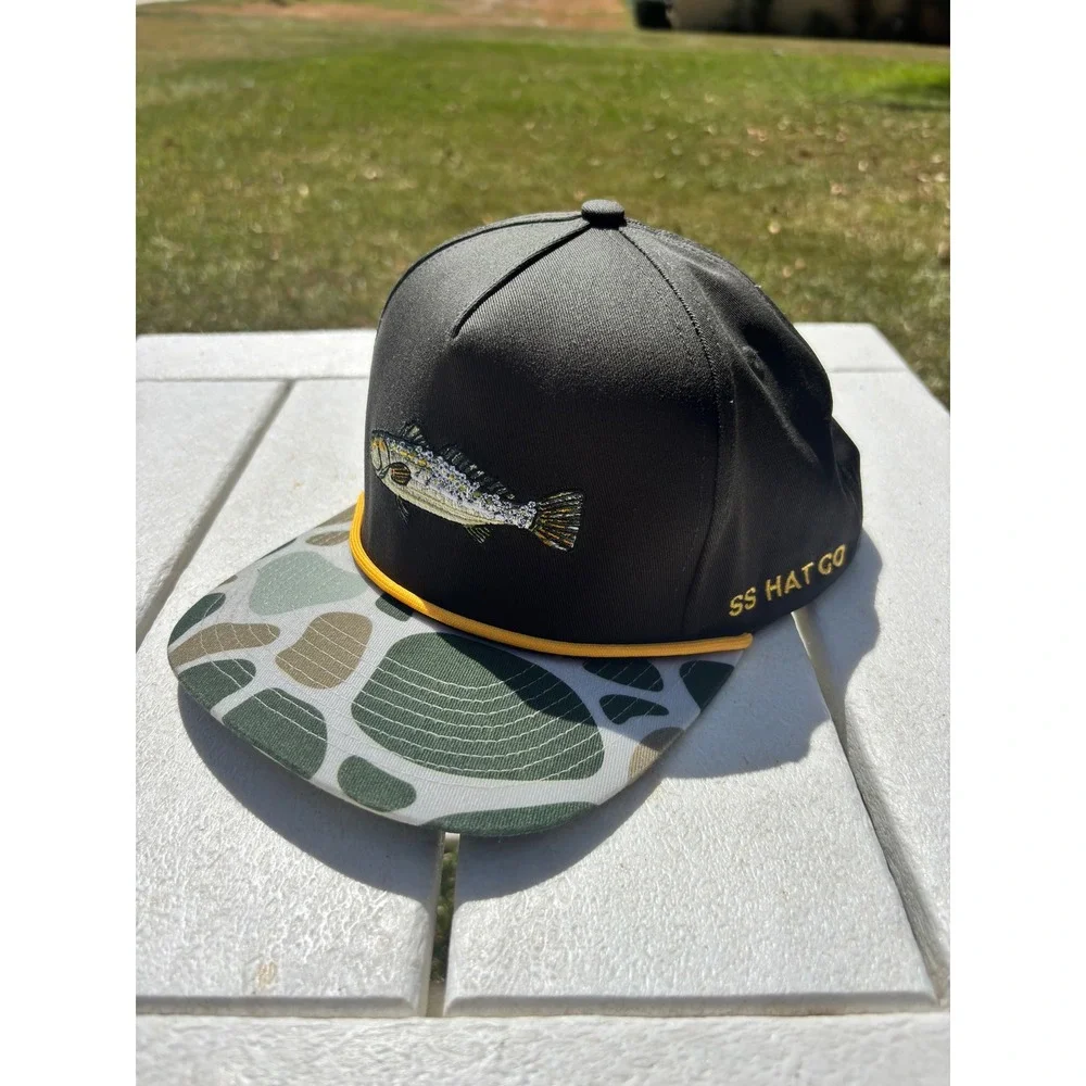 Southern String Hat Co Trout Fish Snapback Hat Black Duck Camo Rope Trucker Cap
